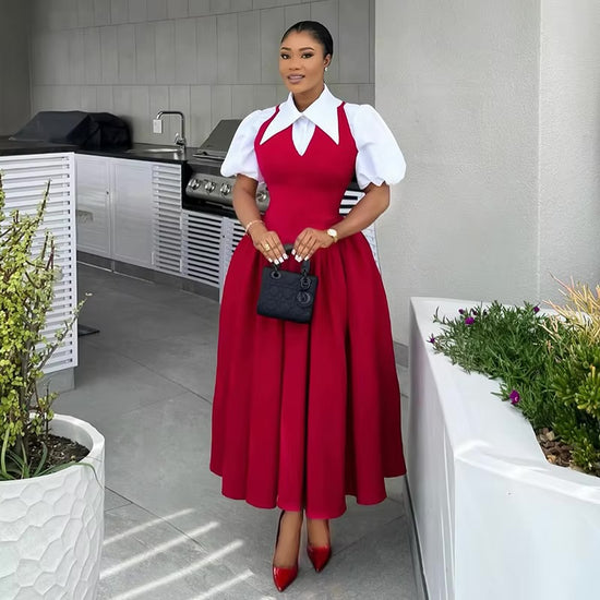 Robe Chemise Élégante Deux Pièces Col Large & Taille Haute