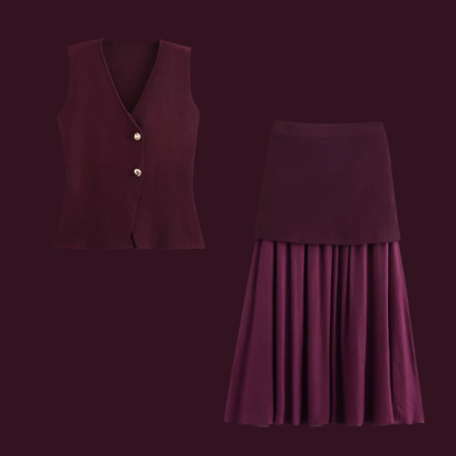 Ensemble Femme Été Gilet Tricoté Col V & Jupe Plissée Mi-Longue