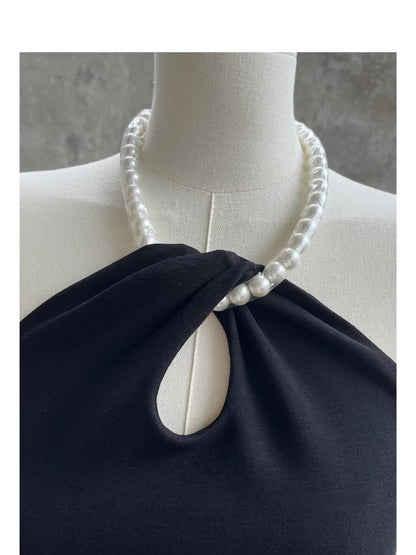 Haut Femme Sexy à Perles Col Licou Élégant et Dos Nu