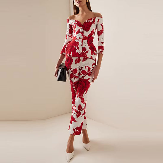 Ensemble Femme Imprimé Floral Haut à Épaules Dénudées & Pantalon Fluide