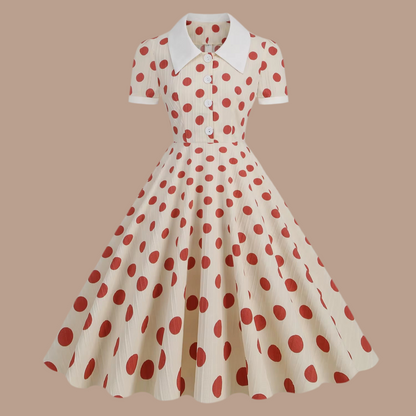 Robe Élégante Jaune à Pois Style Rétro Années 50, Col Revers et Manches Courtes