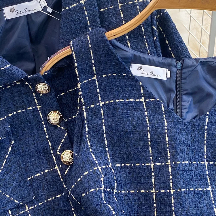 Autumn and Winter Temperament Long Sleeved Tweed Jacket with Waistband Vest and Buttocks Wrapped Dress Two Piece Set