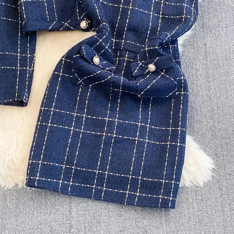 Autumn and Winter Temperament Long Sleeved Tweed Jacket with Waistband Vest and Buttocks Wrapped Dress Two Piece Set