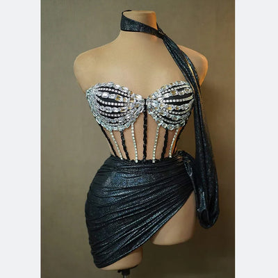 Robe de soirée pailletée Ocstrade, épaule dénudée, transparente, ornée de strass, coupe bodycon mini