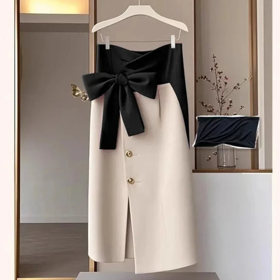Jupe Midi Femme Élégante Patchwork Asymétrique avec Nœud