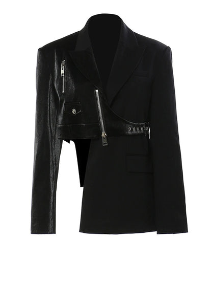 Blazer Femme Noir en PU Cuir Col Revers Irregular, Printemps/Automne 2025