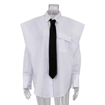 Chemise blanche élégante femme 2025 Blouse à col à revers manches longues avec poche