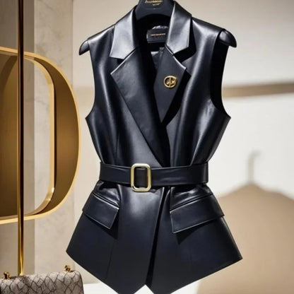 Gilet Blazer Femme Sans Manches en Similicuir Noir Élégance Britannique