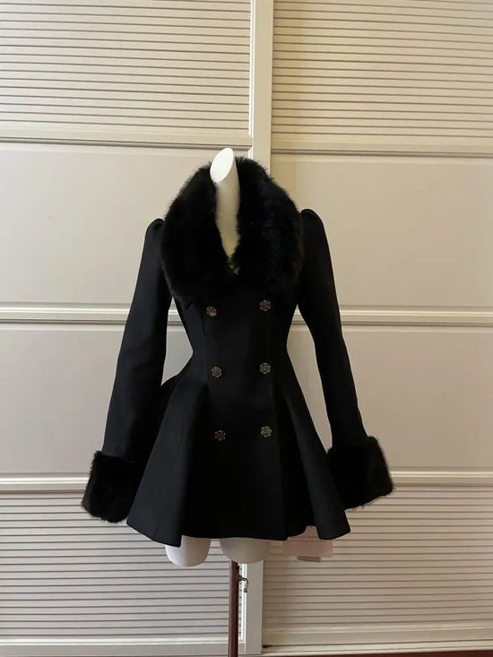 Manteau Laine Femme Hiver Style Vintage Français avec Col en Fourrure