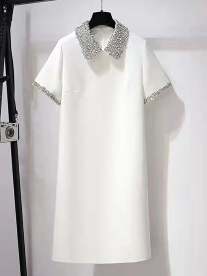 Robe Courte Femme Été Col Revers, Manches Courtes, Décor Perles