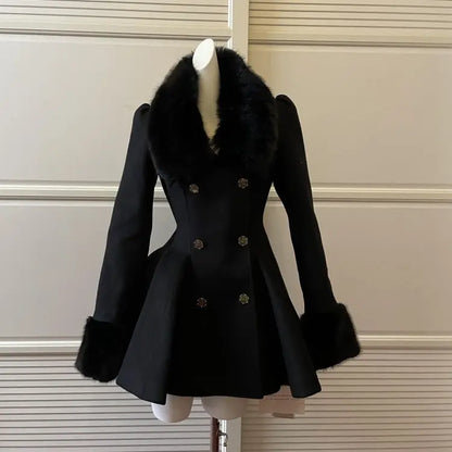 Manteau Laine Femme Hiver Style Vintage Français avec Col en Fourrure