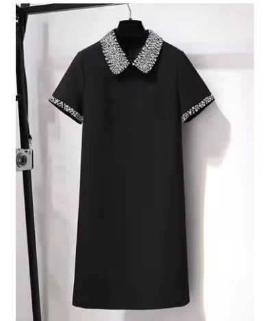 Robe Courte Femme Été Col Revers, Manches Courtes, Décor Perles