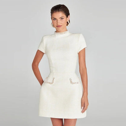 Robe Mini Élégante Femme Col Carré Clouté, Manches Longues