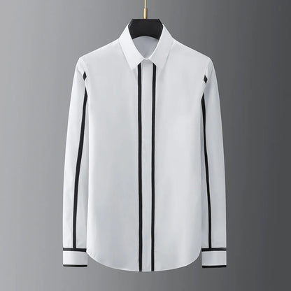 Chemise Homme 2025 à Couture Géométrique et Bande Tissée Business Casual, Manche Longue, Tenue Formelle et Soirée