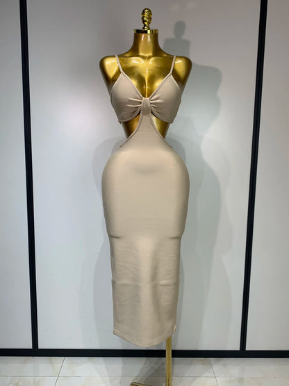 Robe Femme Bodycon Kaki Col V Dos Nu Élégante pour Soirée et Événement