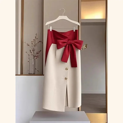 Jupe Midi Femme Élégante Patchwork Asymétrique avec Nœud