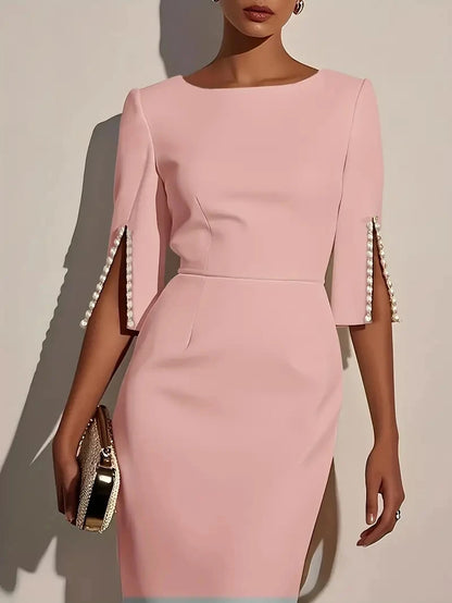 Robe Midi Femme Couleur Unie, Col Rond, Manches Mi-Longues, Perles Décoratives