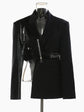 Blazer Femme Noir en PU Cuir Col Revers Irregular, Printemps/Automne 2025