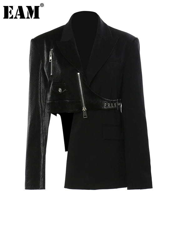 Blazer Femme Noir en PU Cuir Col Revers Irregular, Printemps/Automne 2025