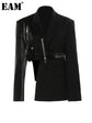 Blazer Femme Noir en PU Cuir Col Revers Irregular, Printemps/Automne 2025