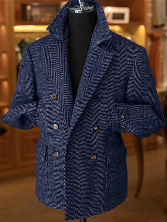 Veste Homme Blazer en Tweed à Chevrons Double Boutonnage Style Vintage