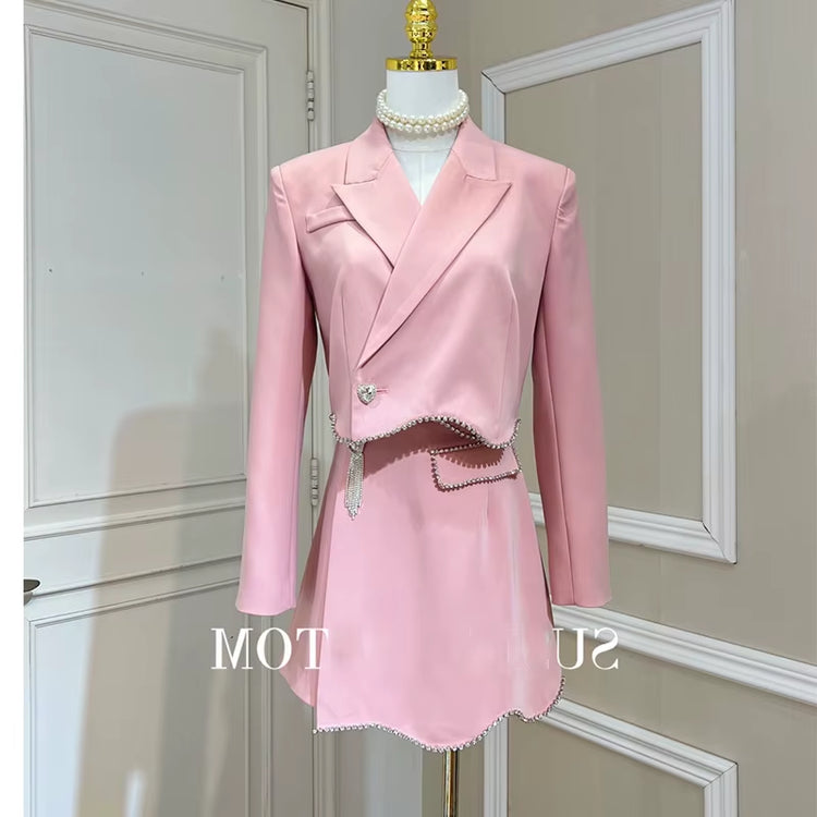 New Arrivals Dropshipping High Quality Hot Fashion and Elegant Crystal Beading Pink Short and Jacket Suits for Ladies