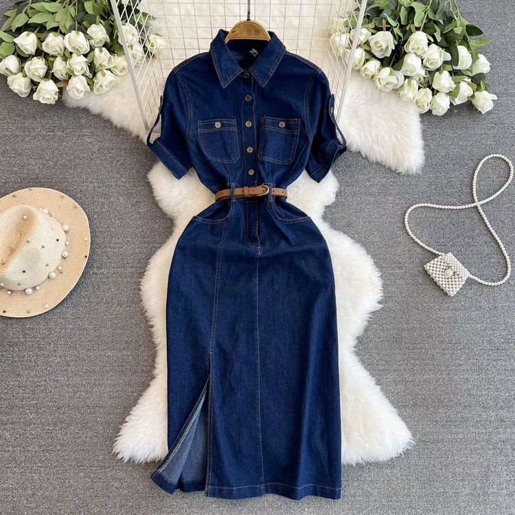 Retro Denim Dress for Women 2024 Summer New Collection Belt Slimming Short Sleeved Shirt Dress