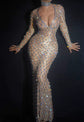 2022 Spring Women Sexy V Neck Glitter Bodycon Slit Dress Party Dress Evening Luxury Rhinestone Long Sleeve Maxi Club Dress