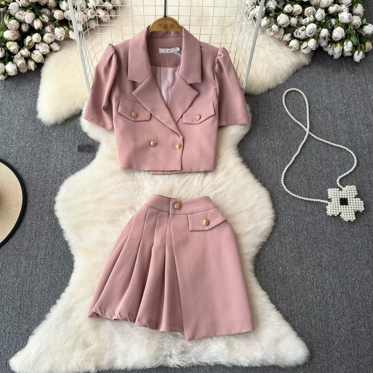 Summer Casual 2 Piece Set for Women Puff Sleeve Asymmetric Crop Top and High Waist Set Clothing Wholesale