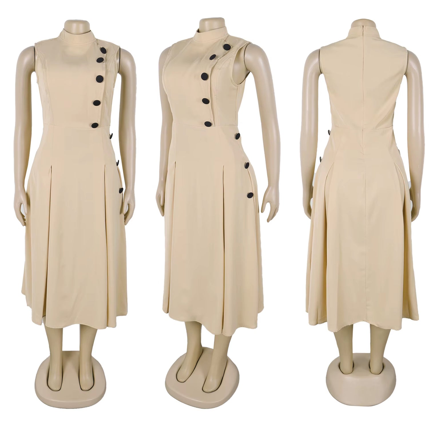 S-3XL 2025 Summer Dress Elegant Stand up Collar Sleeveless Button Office plus Size A-Line Women&