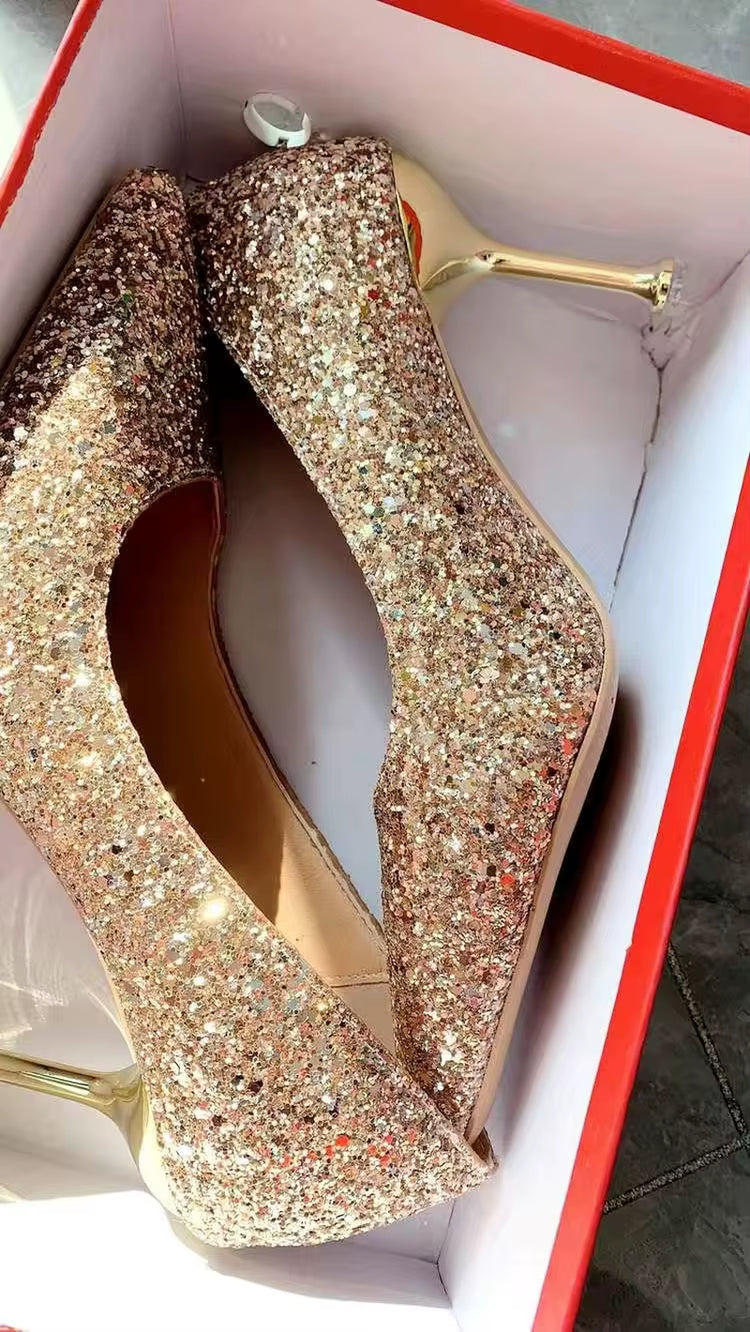 Women Sequin High Heeled Pointed Toe Shoes Evening Party Wedding Gold & Silver Lady Cocktail Slip-On Thin Heel Shoes