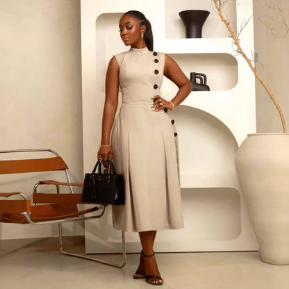 S-3XL 2025 Summer Dress Elegant Stand up Collar Sleeveless Button Office plus Size A-Line Women&