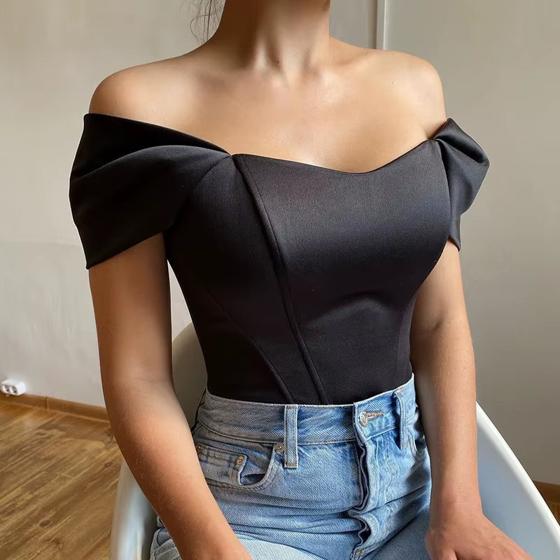 Women Summer Satin Vest Tops Female off Shoulder Slim Tops Fishbone Corset Waistband Europe New Fashion Sexy T-Shirt Tops Vest