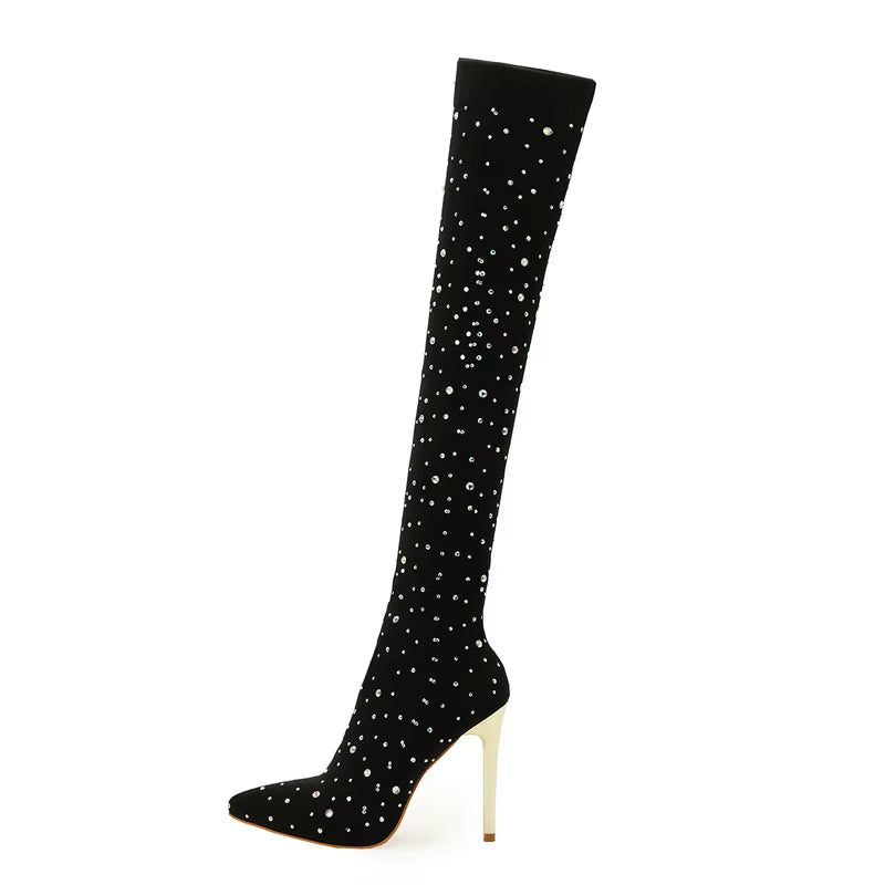Zapatos 2024 New Rhinestone Heels Pointed Toe Fashion Shoes Stiletto Sexy Sock Boots for Women