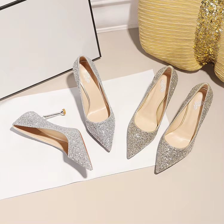 Women Sequin High Heeled Pointed Toe Shoes Evening Party Wedding Gold & Silver Lady Cocktail Slip-On Thin Heel Shoes