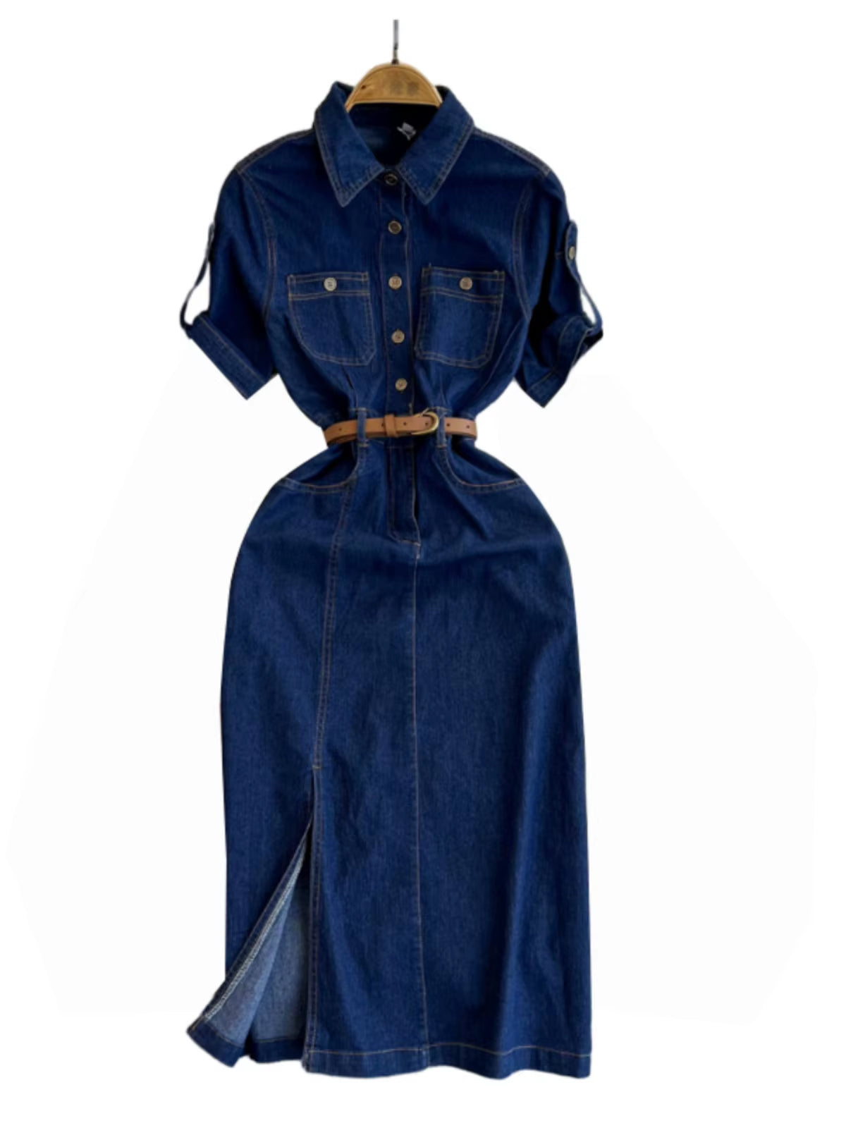 Retro Denim Dress for Women 2024 Summer New Collection Belt Slimming Short Sleeved Shirt Dress