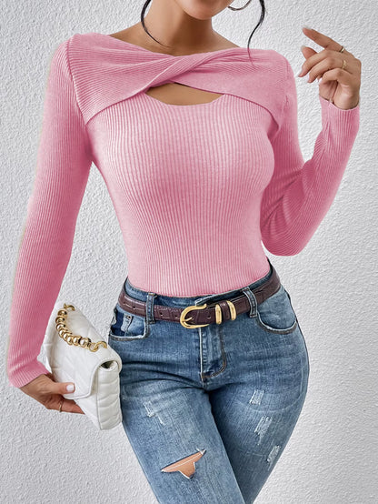 2024 Autumn/Winter New Slim Fit Long Sleeved Knitted Shirt Simple Twisted One Line Neck Pullover Women&