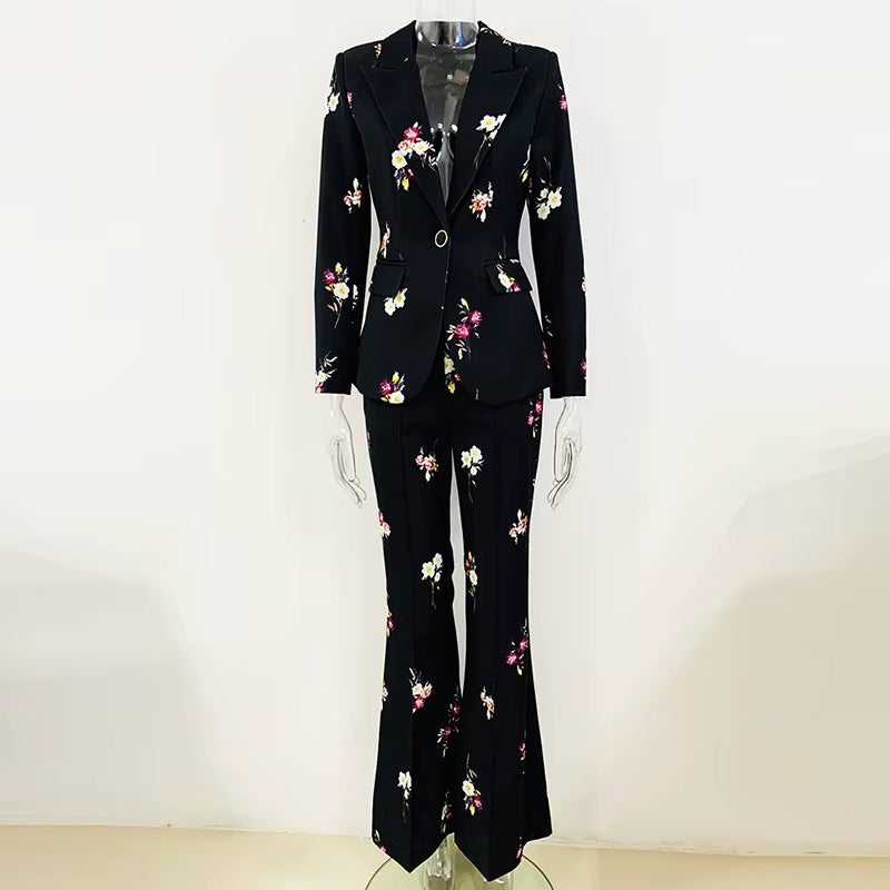 New Arrivals Dropshipping Fashion and Elegant Floral Printed Blazer and Flared Pants Suit Two-Piece Set Women