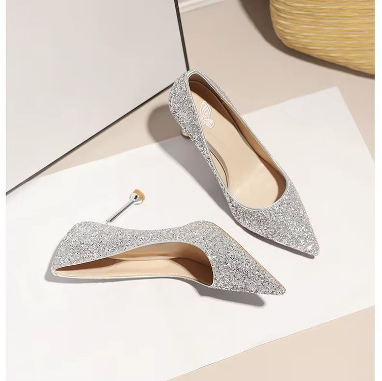 Women Sequin High Heeled Pointed Toe Shoes Evening Party Wedding Gold & Silver Lady Cocktail Slip-On Thin Heel Shoes
