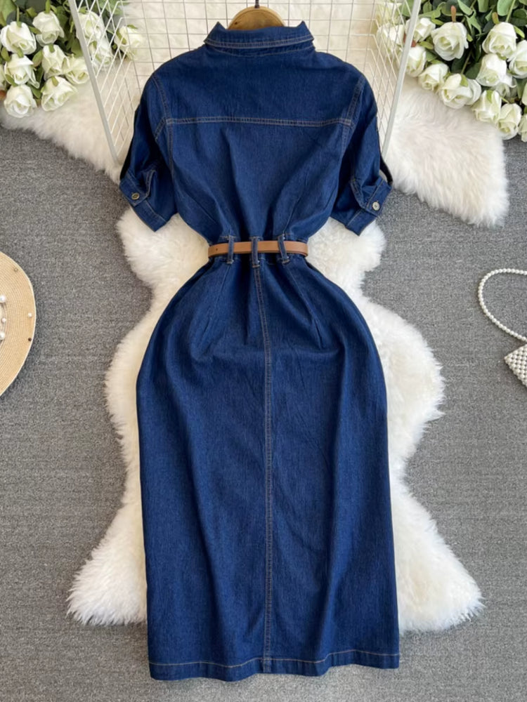 Retro Denim Dress for Women 2024 Summer New Collection Belt Slimming Short Sleeved Shirt Dress