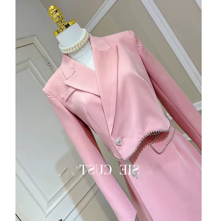 New Arrivals Dropshipping High Quality Hot Fashion and Elegant Crystal Beading Pink Short and Jacket Suits for Ladies