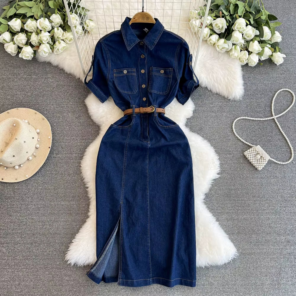 Retro Denim Dress for Women 2024 Summer New Collection Belt Slimming Short Sleeved Shirt Dress