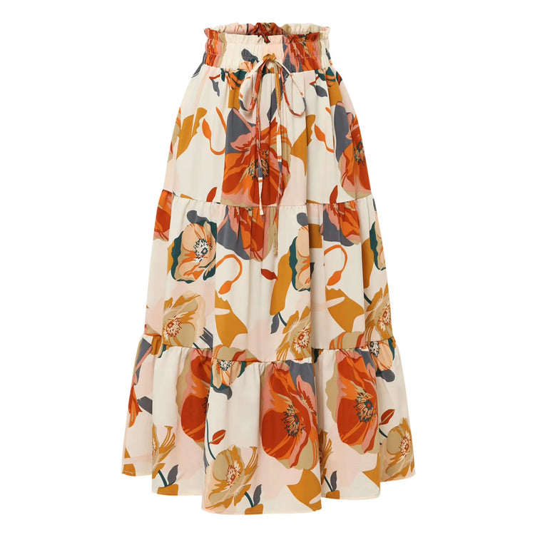 2025 Summer New Skirt Fashion Vacation Printed Folded Flower Elastic Waist Casual Long Women&