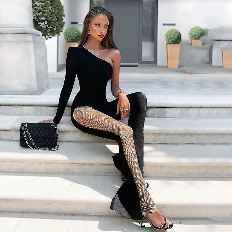 Ocstrade New Style Female Streetwear Solid Sexy Hot Women Mesh Sides Diamond One Shoulder Long Sleeves One-Piece Pants Jumpsuit