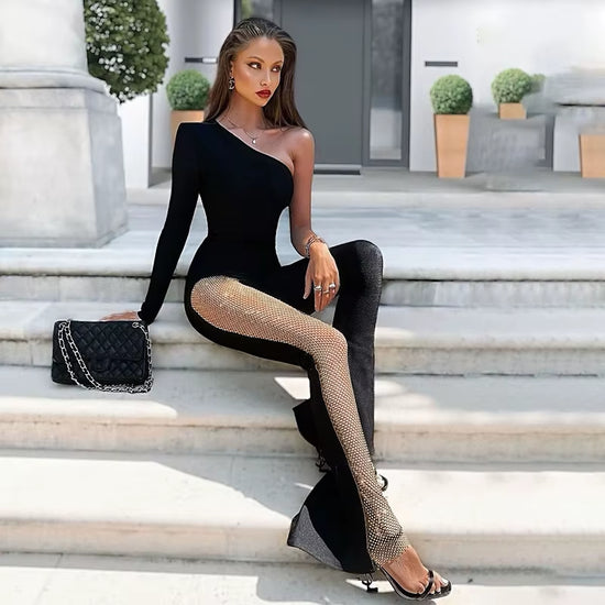 Ocstrade New Style Female Streetwear Solid Sexy Hot Women Mesh Sides Diamond One Shoulder Long Sleeves One-Piece Pants Jumpsuit
