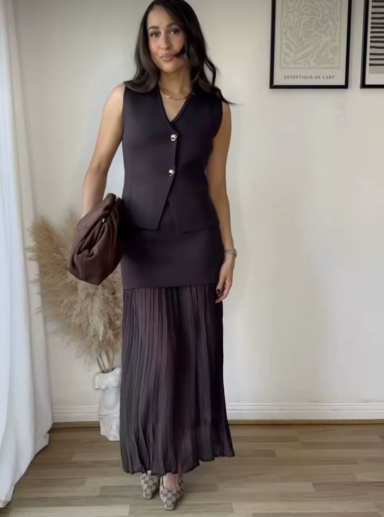 Ohsisa 2025 European and American Summer New Set V-Neck Solid Color Button Knitted Vest+Pleated Half Skirt Women&