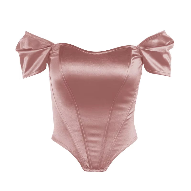 Women Summer Satin Vest Tops Female off Shoulder Slim Tops Fishbone Corset Waistband Europe New Fashion Sexy T-Shirt Tops Vest