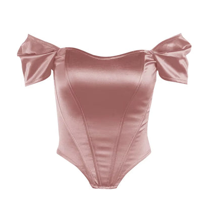 Women Summer Satin Vest Tops Female off Shoulder Slim Tops Fishbone Corset Waistband Europe New Fashion Sexy T-Shirt Tops Vest