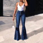 Wholesale Women Long Jeans Beading Solid Color Girls Street New Fashion Flared Trousers Pants Casual Denim Jeans