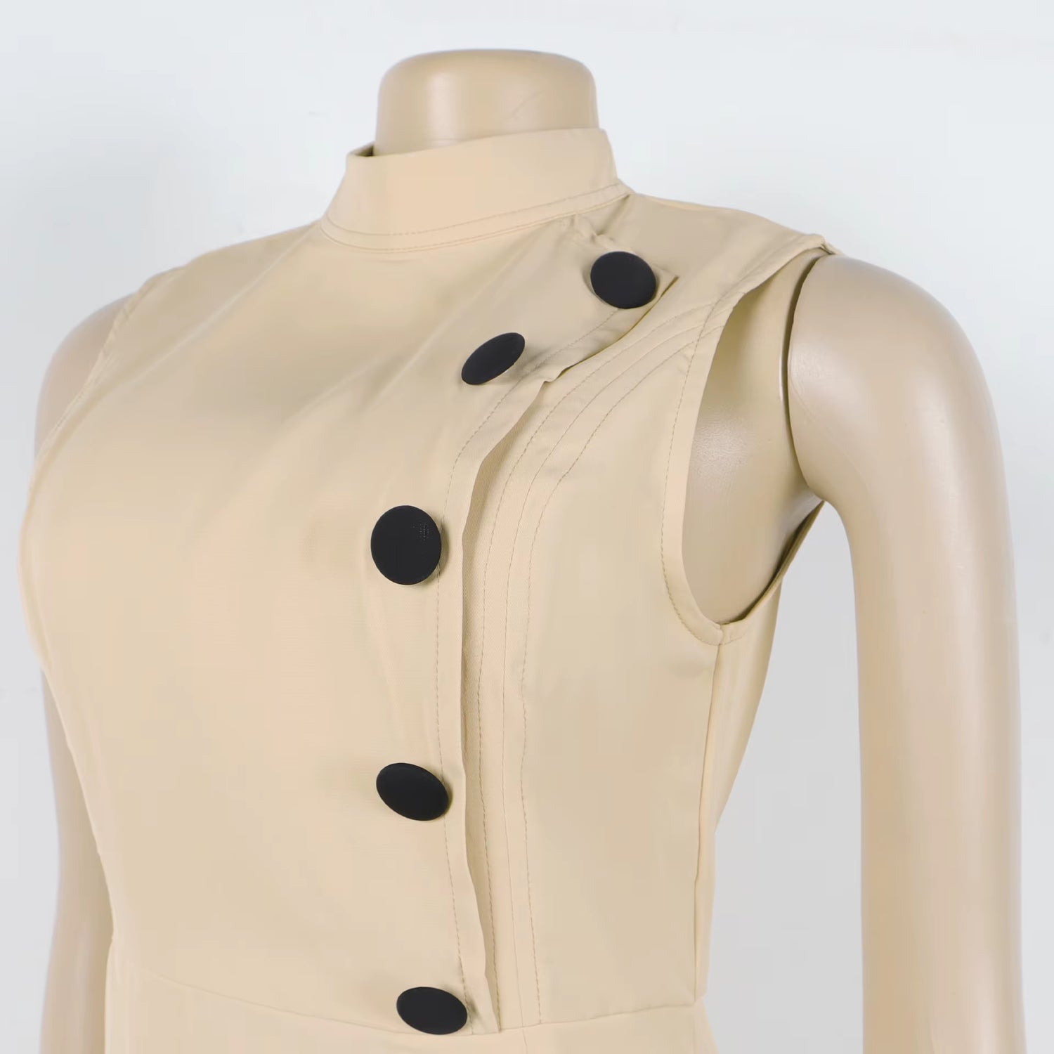 S-3XL 2025 Summer Dress Elegant Stand up Collar Sleeveless Button Office plus Size A-Line Women&